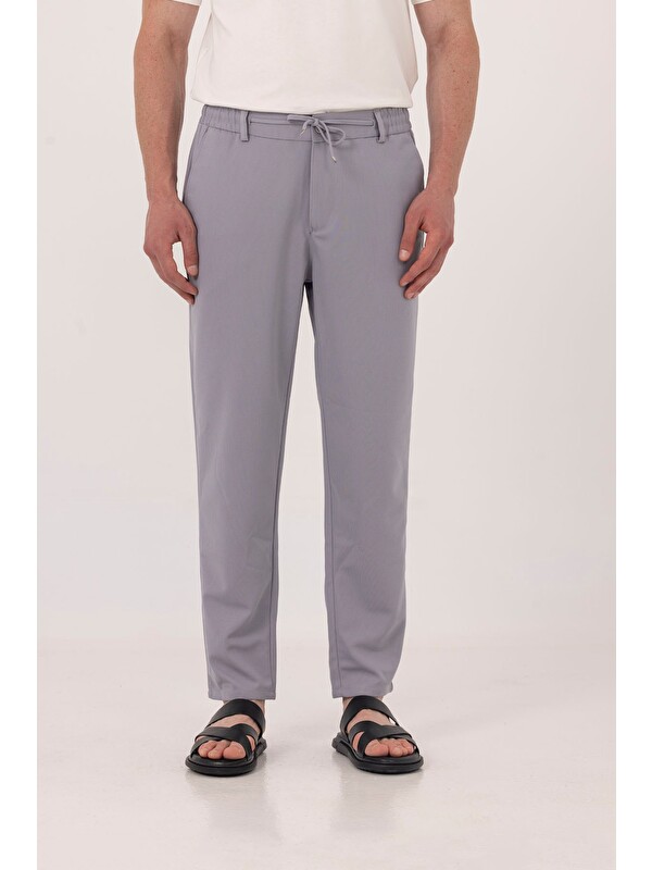 Sabri Özel Gri Dokulu Arka Lastikli Köprü Kemerli Bağcıklı Slim Fit Jogger Pantolon