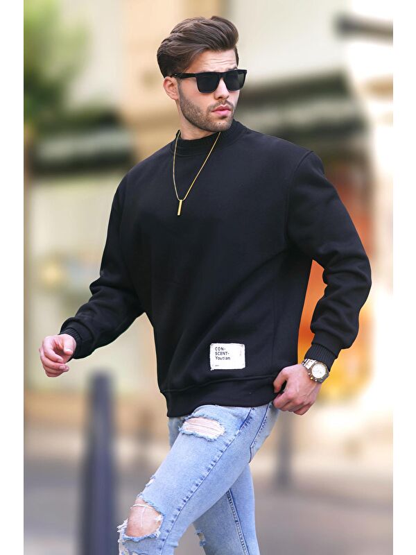 Madmext Siyah Bisiklet Yaka Oversize Şardonlu Arma Detaylı Erkek Sweatshirt 7043