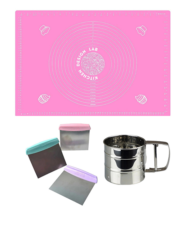 Kitchen Design Lab Pembe Silikon Ölçülü  Hamur Açma Matı 45 cm x 65 cm Çelik Un Eleği ve Çelik Hamur Kesici