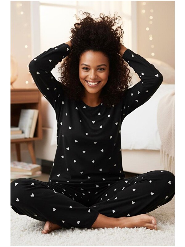 Siyah İnci Siyah Beyaz Kalp Desenli Pamuklu Pijama Takımı