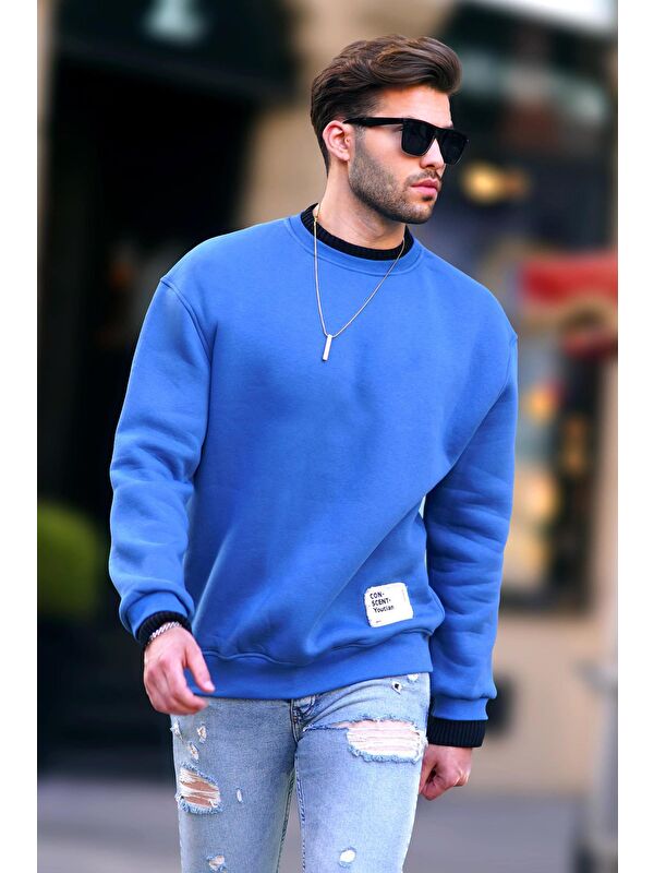 Madmext İndigo Bisiklet Yaka Oversize Şardonlu Arma Detaylı Erkek Sweatshirt 7043