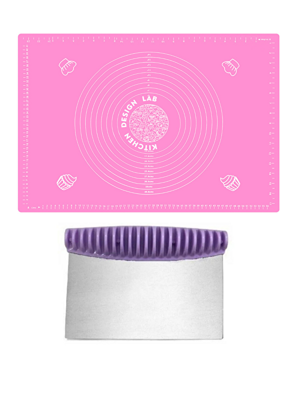 Kitchen Design Lab 2'li Set Pembe 45x65 Cm Silikon Hamur Açma Matı Ve Çelik Spatula Hamur Kesici