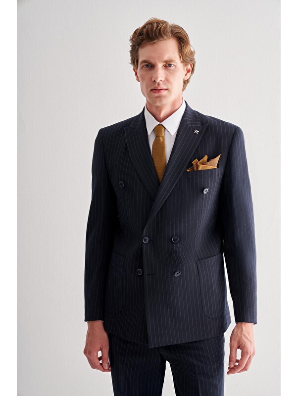 İMZA Koyu Lacivert Kılıç Yaka Tam Astar 6 Drop Slim Fit Esnek Kruvaze  Takım Elbise 1001255154