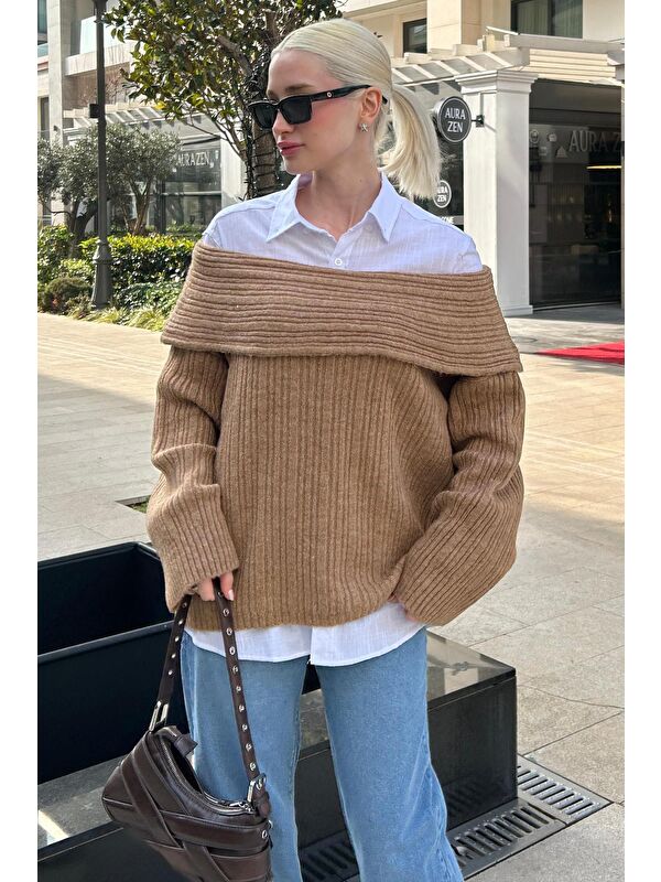 Madmext Bej Madonna Yaka Kadın Kazak Mg2274