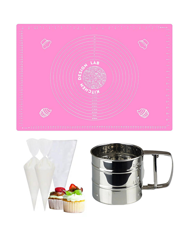 Kitchen Design Lab Pembe 45x65 cm Silikon Hamur Açma Matı Çelik Un Eleği ve Kullan At Krema Sıkma Torbası Seti