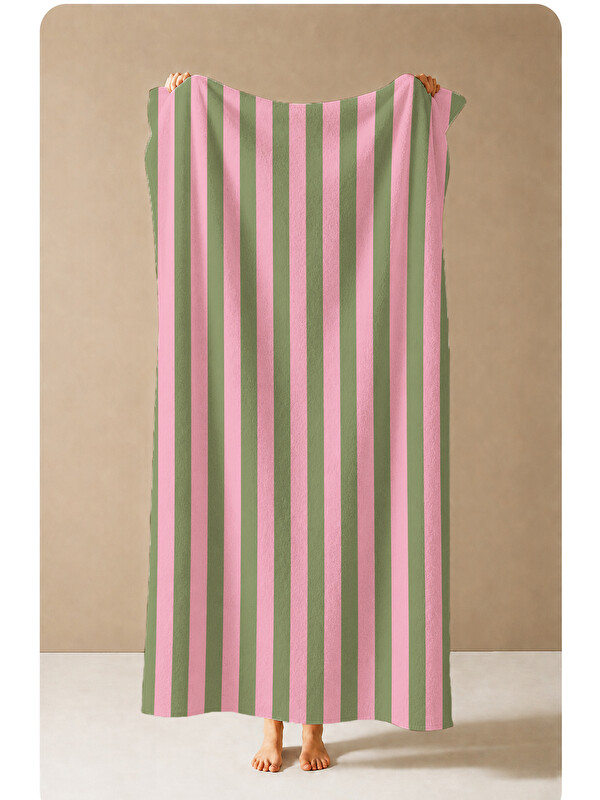 Milbay Grup Retro Pembe Yeşil İnce Dikey Çizgili Desenli 70x150 Plaj Havlusu - Dijital Baskılı Banyo Havlusu