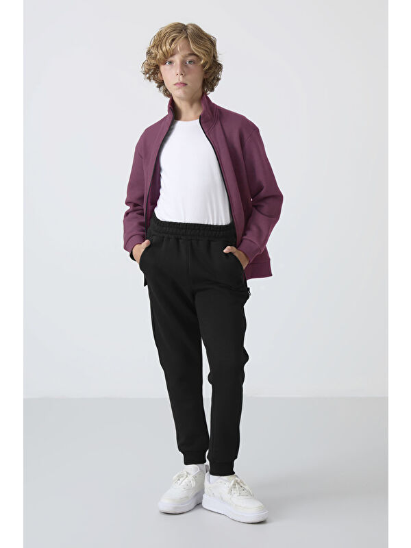 Tommylife Soft Vişne-Siyah Pamuklu Kalın İçi Tüylü Standart Fit Nakışlı Erkek Çocuk Eşofman Takım - 11256