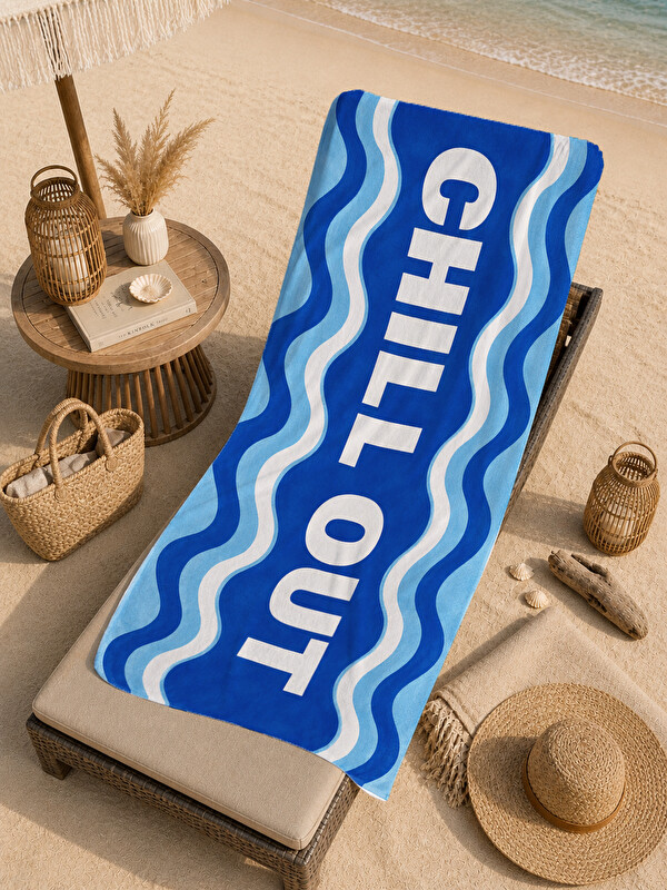Milbay Grup Pop Art Chill Out Yazılı Mavi Desenli 70x150 Plaj Havlusu - Dijital Baskılı Solmaz Banyo Havlusu