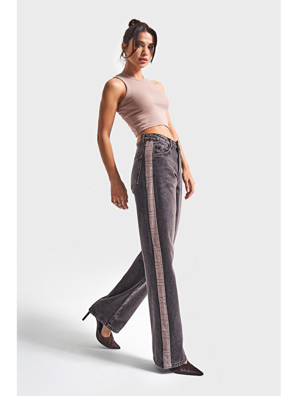 It's Basic Kadın Taşlanmış Koyu Jean Rengi 4w5-143 Loose Fit Şerit Detaylı Özel Tasarım Denim Jean