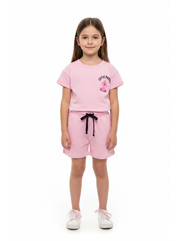 Toontoykids Kız Çocuk 2'li Şortlu Takım Bisiklet Yaka Düşük Omuz Kısa Kollu Baskılı Tişört - Beli Lastikli Bağl