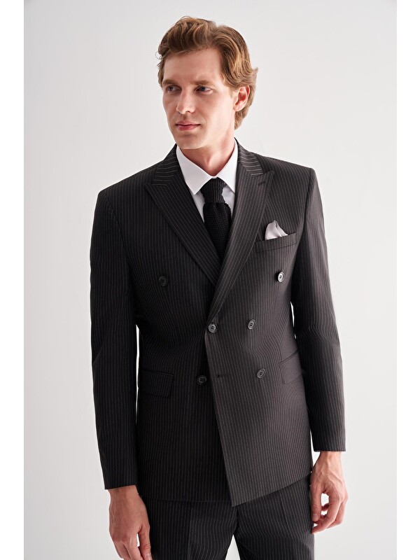 İMZA Siyah Kılıç Yaka Tam Astar 6 Drop Slim Fit Esnek Kruvaze  Takım Elbise 1001255152