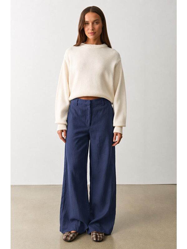 Madmext İndigo Yüksek Bel Keten Wide Leg Pantolon Mg2718
