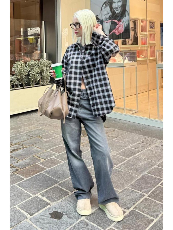 Madmext Siyah Oversize Ekose Desenli Kadın Gömlek Mg2589