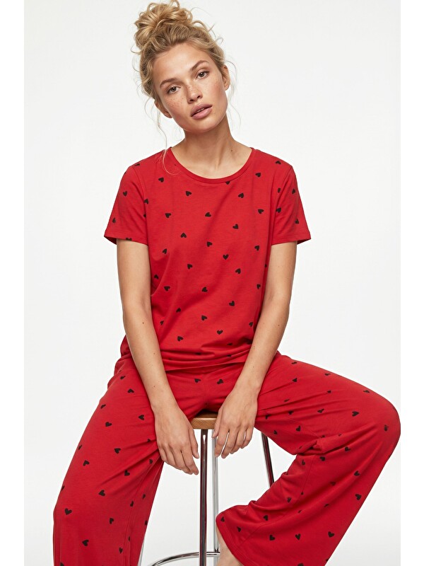 Siyah İnci Kırmızı Kısa Kollu Pamuklu Pijama Takımı