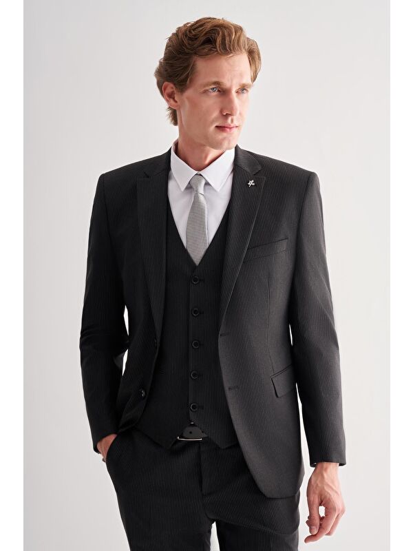 İMZA Siyah Mono Yaka Tam Astar 6 Drop Slim Fit Esnek Yelekli Takım Elbise 1001255151