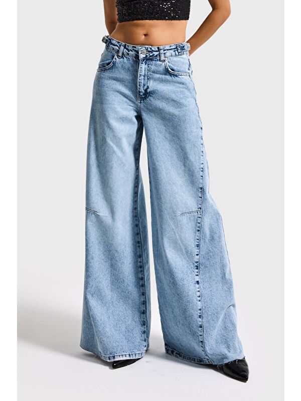 It's Basic Kadın Jean Rengi 4s6-3 Baggy Palazzo Fit Kemer Detaylı %100 Pamuk Denim Jean