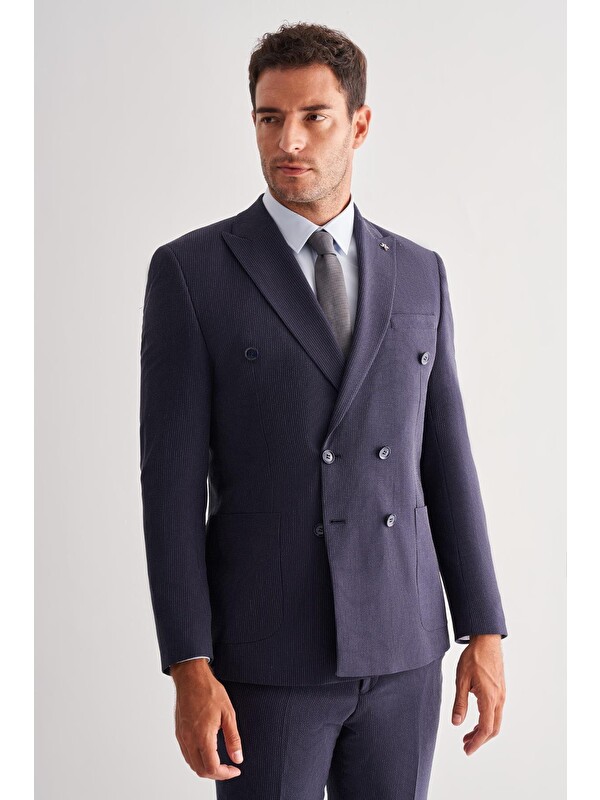 İMZA Koyu Lacivert Kılıç Yaka Tam Astar 6 Drop Slim Fit Esnek Kruvaze  Takım Elbise 1001255155