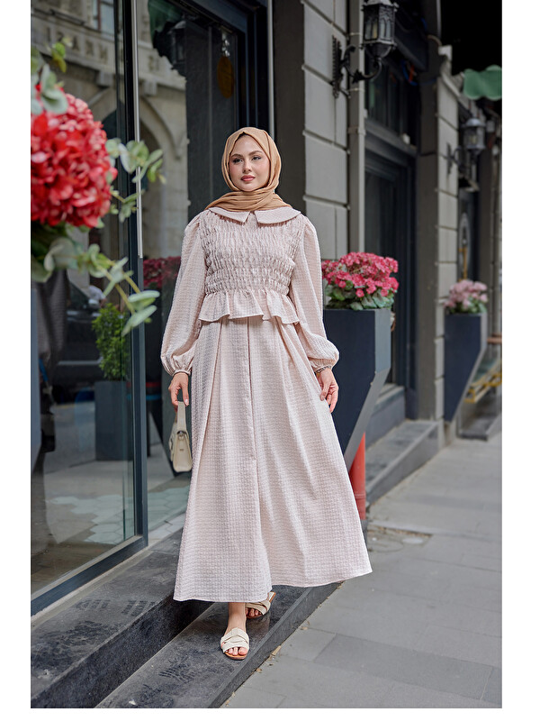Locco Moda Kadın Bebe Yaka Üstü Lastikli Takım Pudra