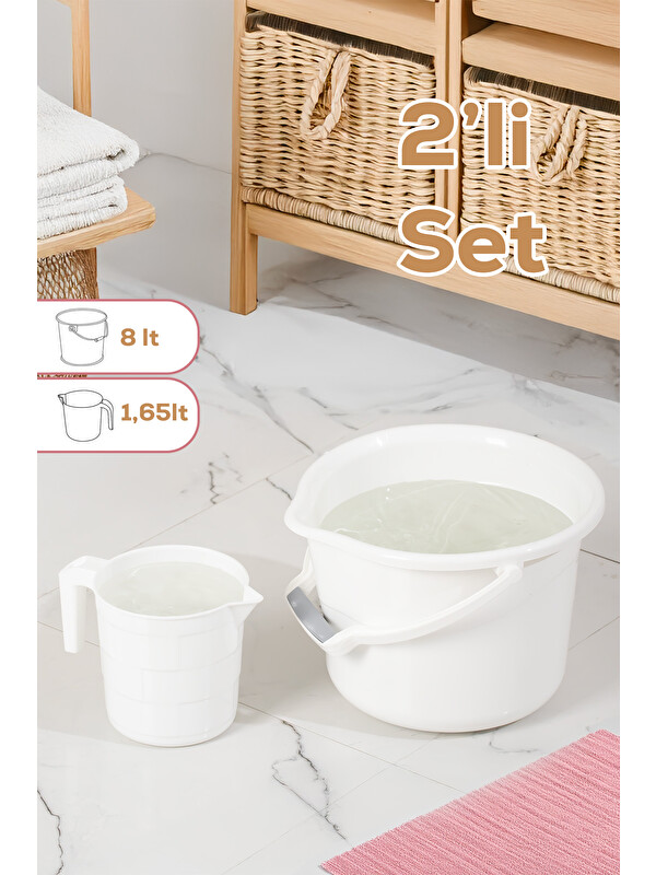 Porsima 2li Banyo Balkon Temizlik Seti 8L Kulplu Kova 1,65L Maşrapa Banyo Seti Beyaz