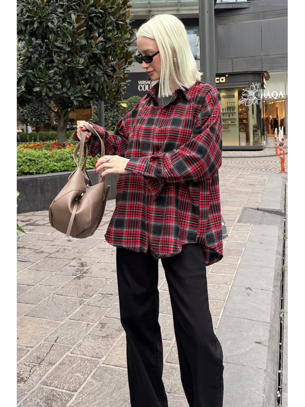 Madmext Kırmızı Oversize Ekose Desenli Kadın Gömlek Mg2589