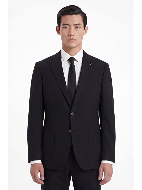 Sabri Özel Siyah Slim Fit 6 Drop Mono Yaka Modal Kumaş Lastikli Bel Astarsız Takım Elbise