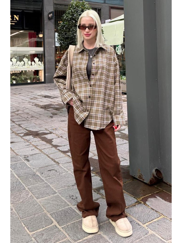 Madmext Haki Oversize Ekose Desenli Kadın Gömlek Mg2589
