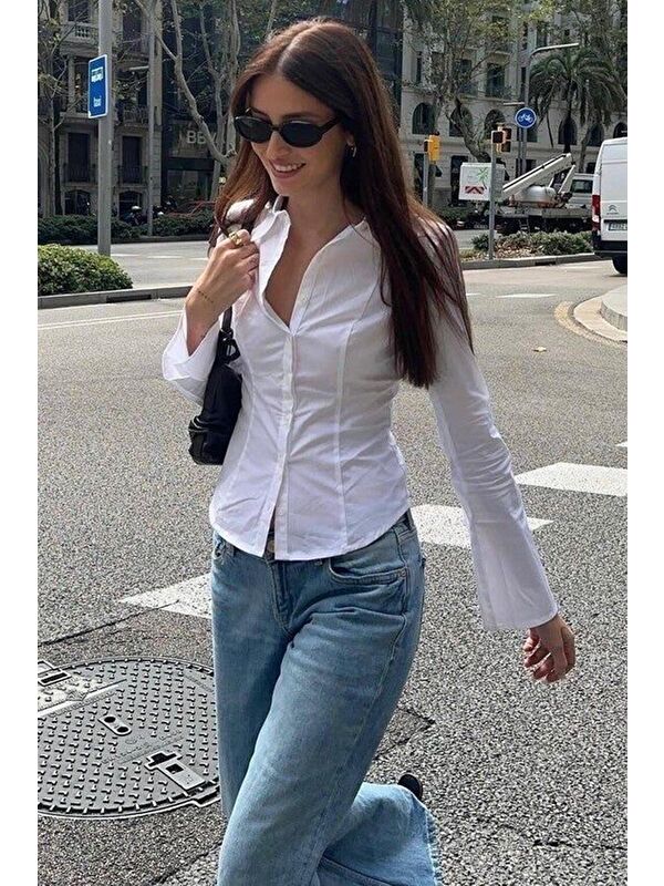 Madmext Beyaz Vücuda Oturan Slim Fit Kadın Gömlek Mg2659