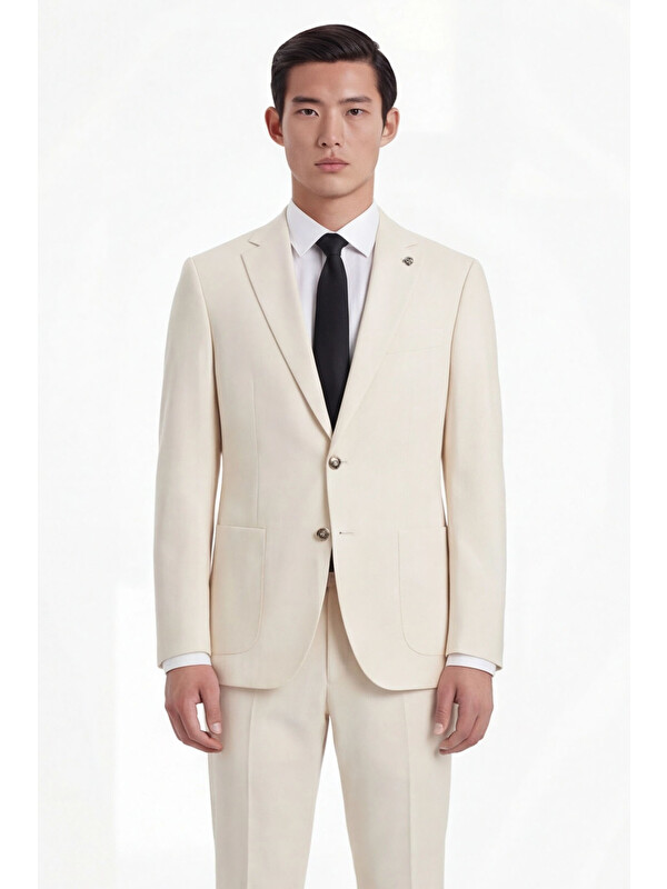 Sabri Özel Ekru Slim Fit 6 Drop Mono Yaka Modal Kumaş Lastikli Bel Astarsız Takım Elbise