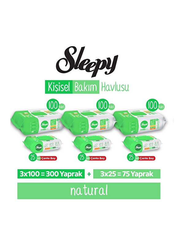 Sleepy Natural Kişisel Bakım Havlusu 3x100 (300 Yaprak) + Çanta Boy 3x25 (75 Yaprak)