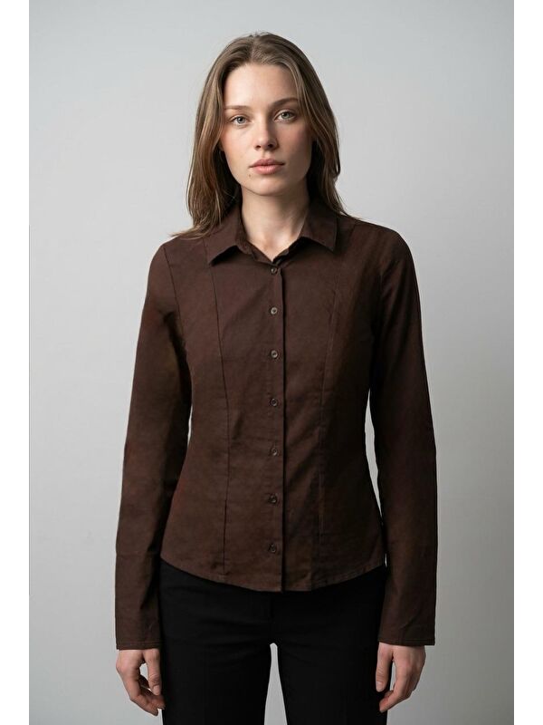 Madmext Kahverengi Vücuda Oturan Slim Fit Kadın Gömlek Mg2659