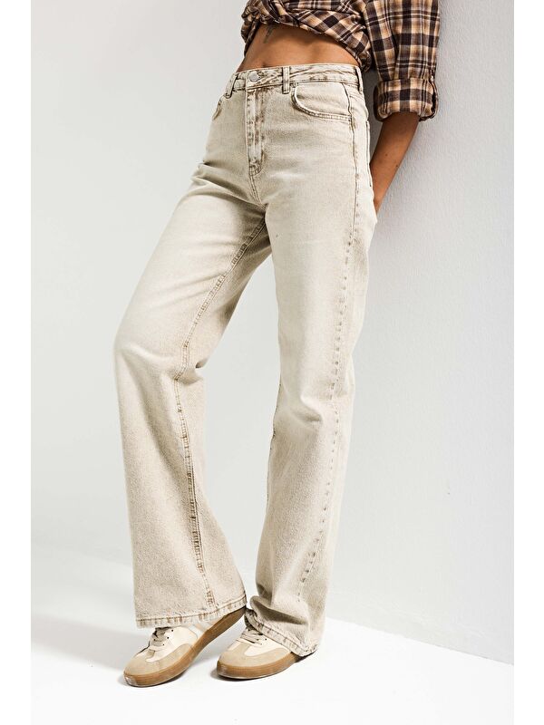 It's Basic Kadın Taş Renk 4s6-76 Straight Fit Yüksek Bel Komfort Kumaş Denim Jean