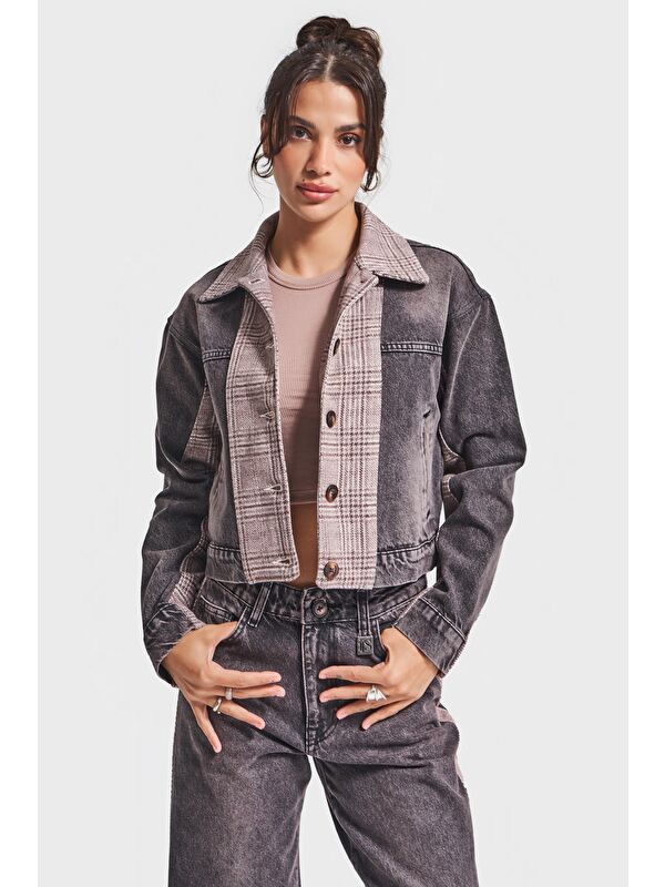 It's Basic Kadın Taşlanmış Koyu Jean Rengi 4w5-143 Çift Parça Kumaş Önden Düğmeli Özel Tasarım Denim Ceket