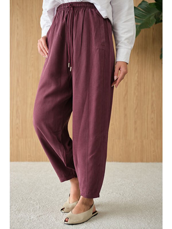 Locco Moda Kadın Şalvar Kesim Beli Ayarlanabilir Pantolon Mürdüm
