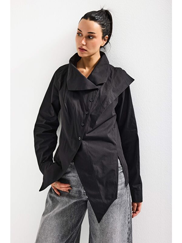 It's Basic Kadın Siyah Renk Regular Fit Özel Yaka Detaylı Tasarım Gömlek