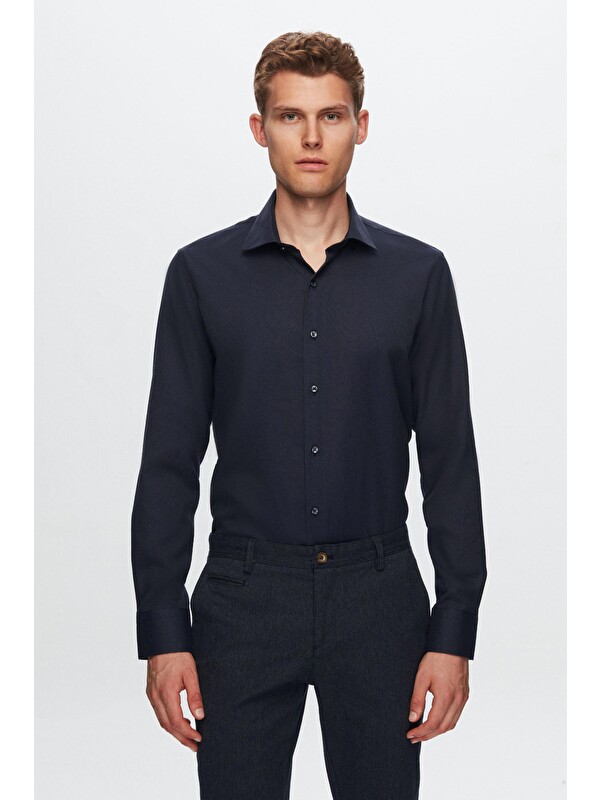 D'S damat Slim Fit Lacivert Armürlü Gömlek