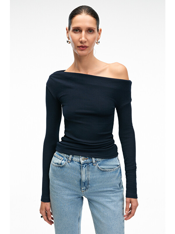 GRIMELANGE OLIVIENN Kadın Omuzu Açık Asimetrik Yakalı Uzun Kollu Slim Fit LACİVERT Bluz