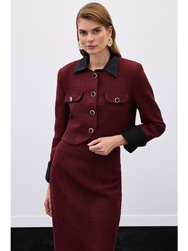 SATEEN Kontrast Kısa Tüvit Ceket - Bordo