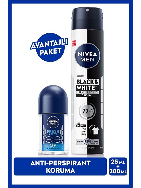 NIVEA MEN Erkek Sprey Deodorant Black & White Invisible Original 200ml ve Fresh Active Mini Roll-on 25