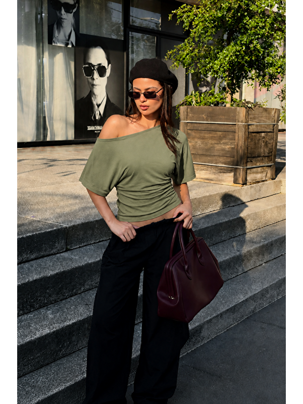 COMBINE Kadın Günlük Casual Dar Haki Crop Bluz