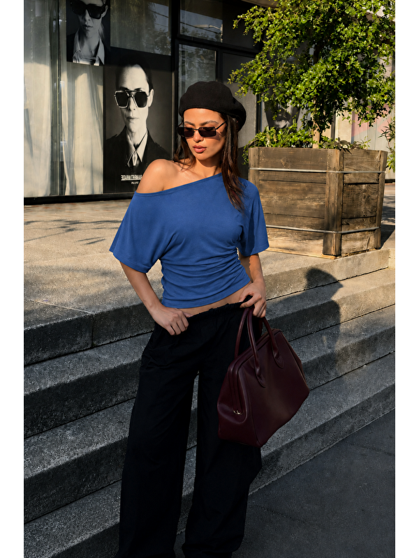 COMBINE Kadın Günlük Casual Dar Mavi Crop Bluz