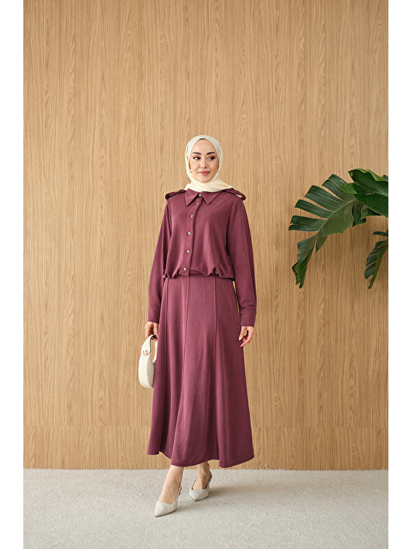 Locco Moda Kadın Gömlek Yaka Gümüş Düğme Detay Takım Bordo