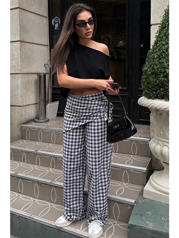 Madmext Siyah Fularlı Ekose Pantolon Mg2734