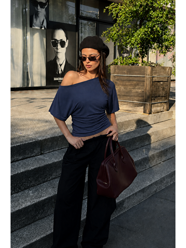 COMBINE Kadın Günlük Casual Dar Lacivert Crop Bluz