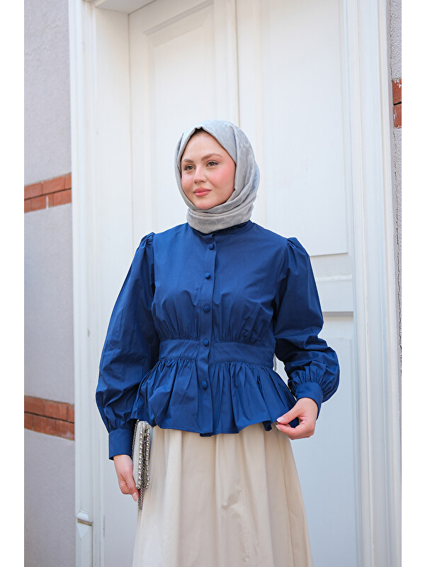 Locco Moda Kadın Beli Büzgü Detaylı Gömlek Lacivert