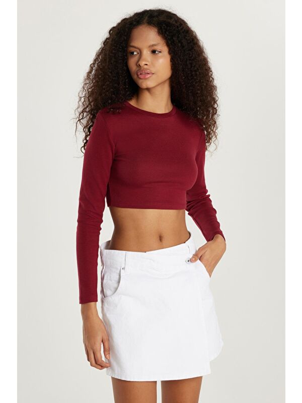 TUDORS Kadın Slim Fit Modal Kumaş Pamuklu Bisiklet Yaka Bordo Bluz