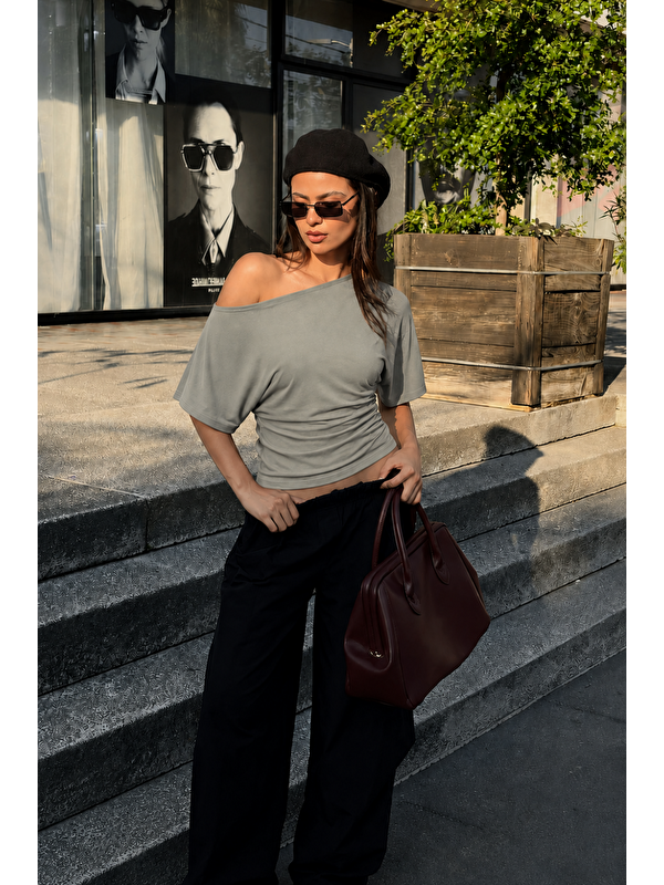 COMBINE Kadın Günlük Casual Dar Gri Crop Bluz