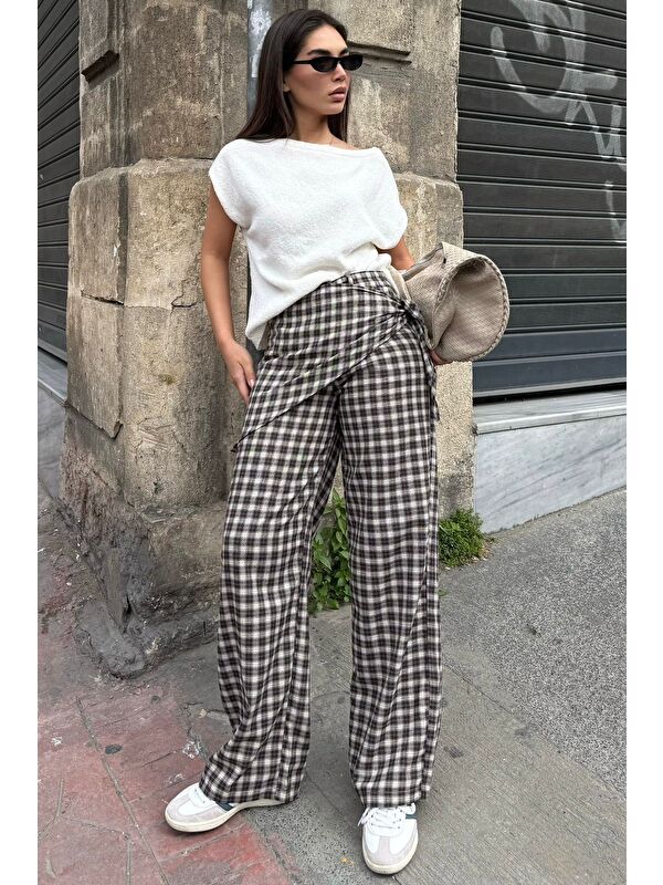 Madmext Kahverengi Fularlı Ekose Pantolon Mg2734