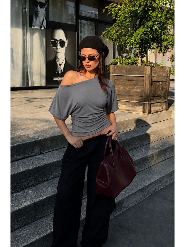 COMBINE Kadın Günlük Casual Dar Füme Crop Bluz