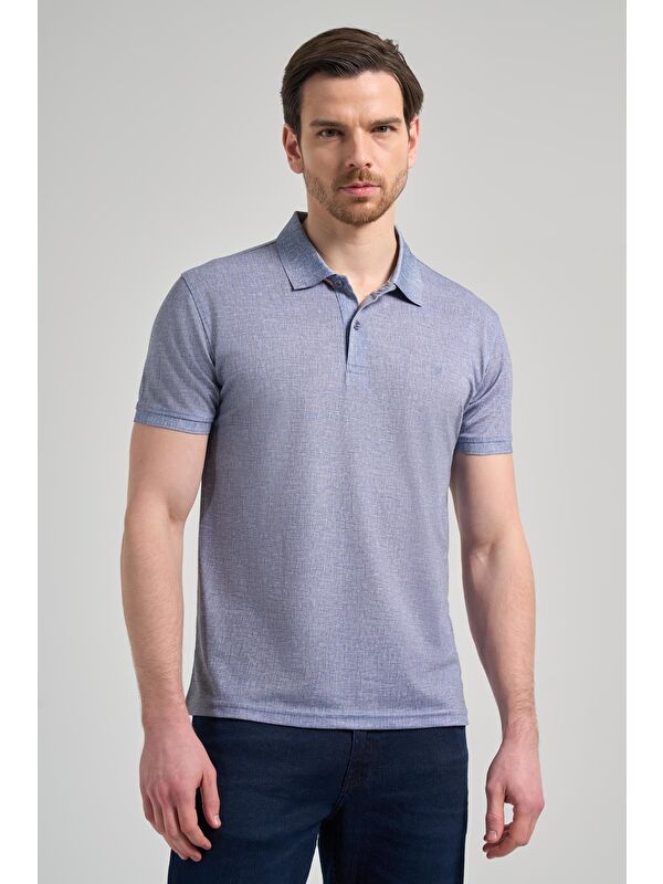 İMZA Koyu Lacivert Kısa Kol Baskılı Pike Polo Yaka Cepsiz Esnek Casual Slim Fit Tişört 1011250151