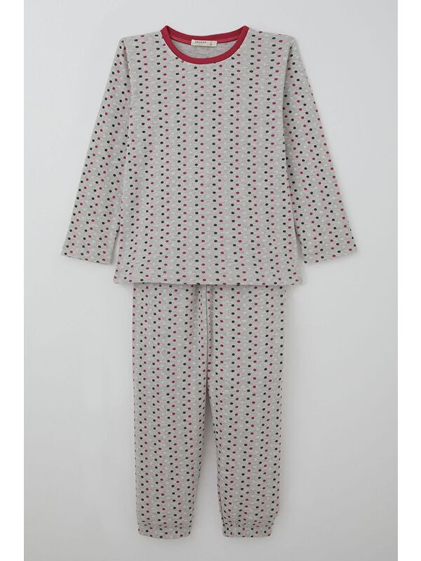 Breeze Kız Çocuk Pijama Takımı Renkli Puantiye Desenli Açık Gri Melanj (4-8 Yaş)